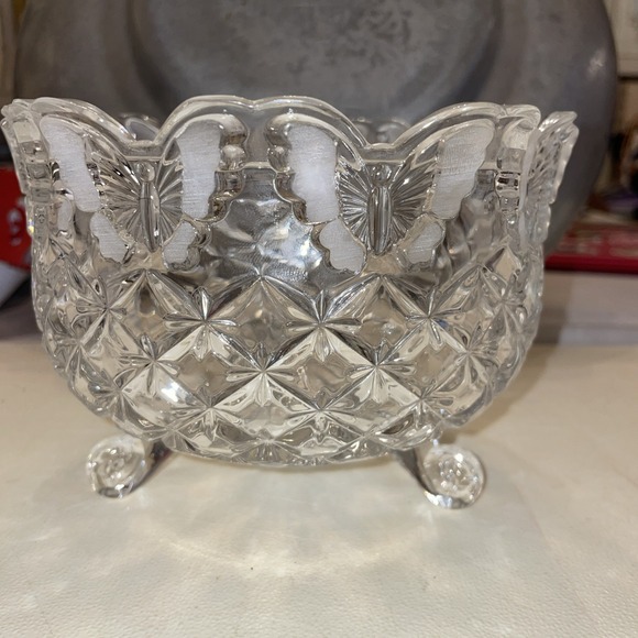 Hofbauer Lead Crystal Butterfly Papillon Bowl 3-Footed 4.5x6" Antique - Picture 4 of 10